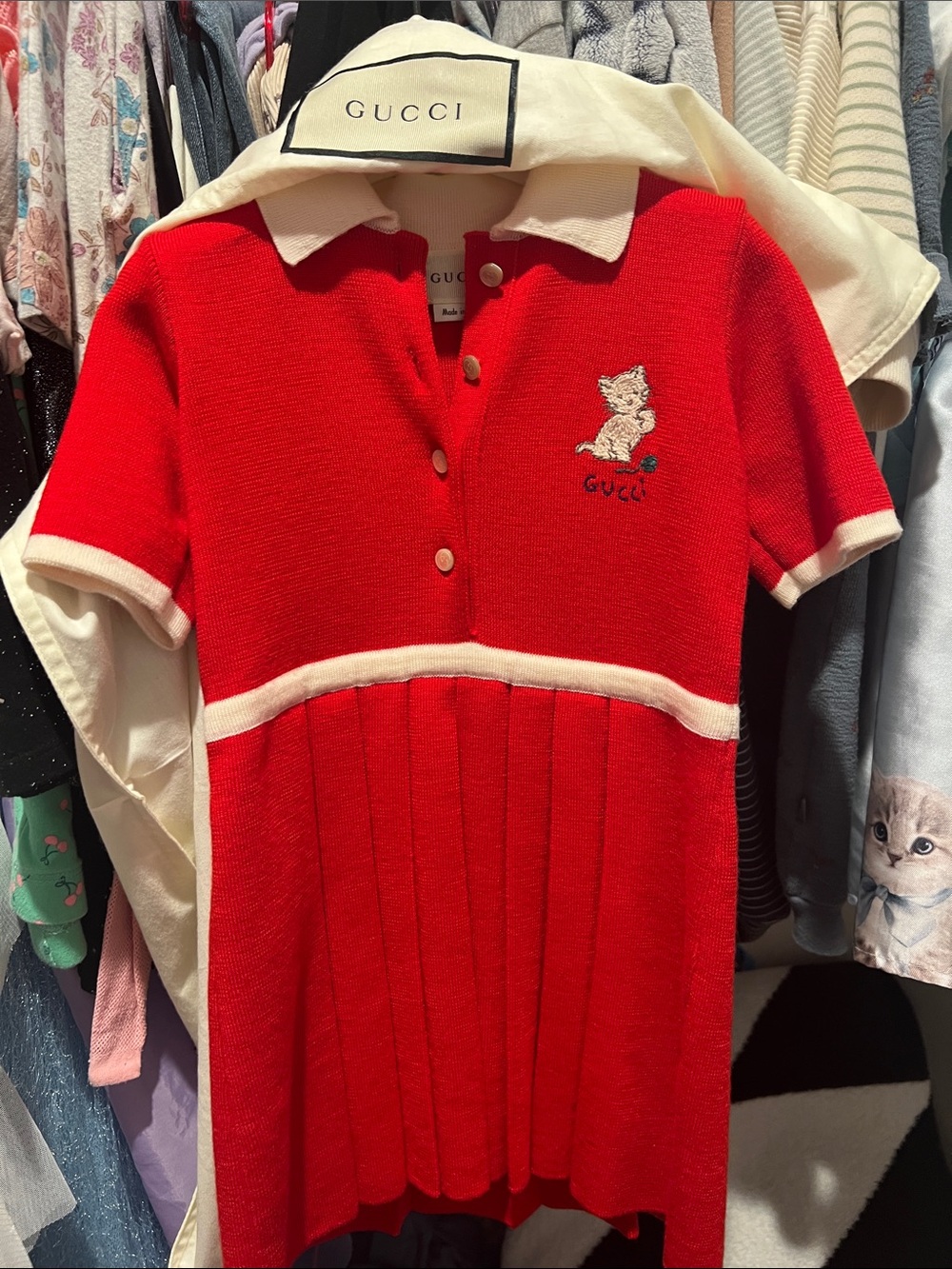 Gucci Red Polo Dress with Cream Trim and Embroidered Cat